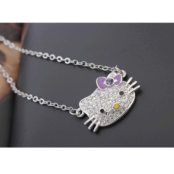 White Gold Plated Bow Tie Hello Kitty Pendant with Multi-Color CZ Necklace- Pink - Picture 5 of 6